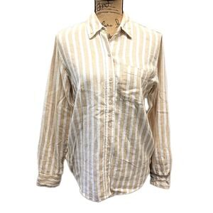 Universal Thread Linen Blend Stripe Button Up Long Slv Beige Coastal Shirt sz XS